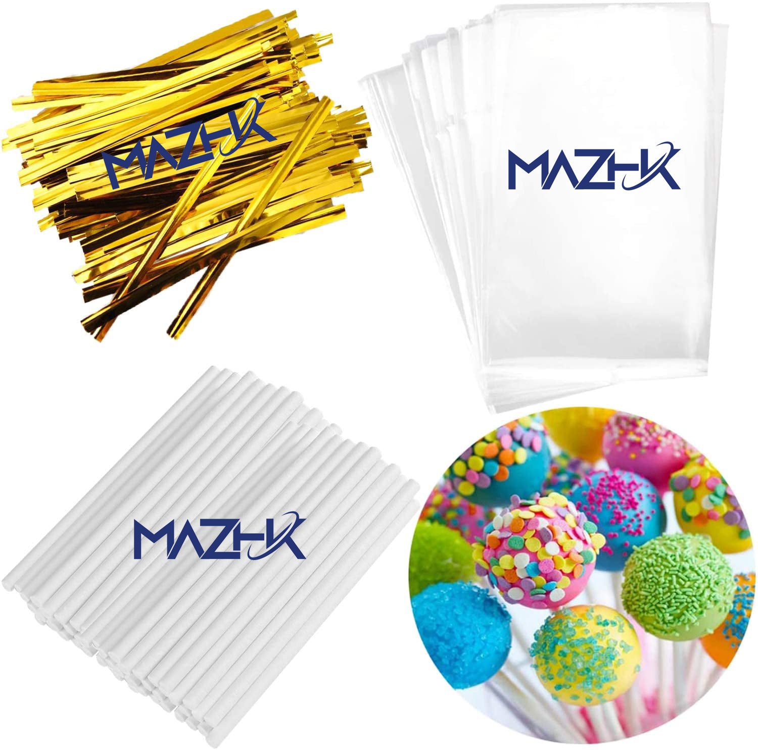 MAZHK 300PCS Lollipop Cake Pop Sticks Treat Bag Set